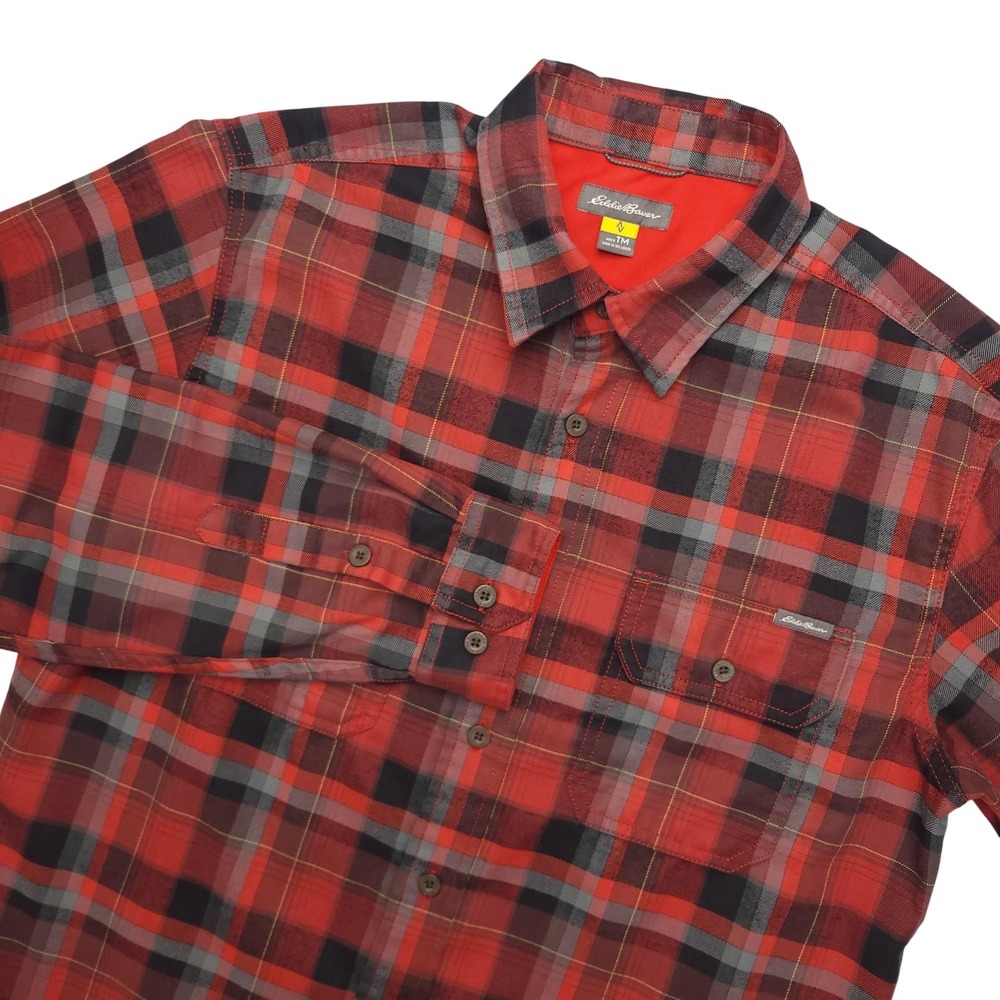 Eddie Bauer Travex Flannel Shirt Mens MT Red Plaid Long Sleeve Hiking Outdoor